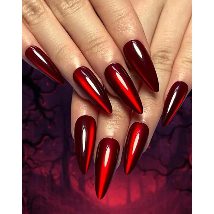 cats PRESS ON gel NAILS-12 pcs Medium Long -easy prsee on- Perfect For Parties, Comes With 1 SHEET DOUBLE FACE GLUE - DARK MIRROR RED COLOR - Image 1